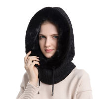 Winter Fur Cap Mask Set Hooded for Women Knitted Cashmere Neck Warm Russia Outdoor Ski Windproof Hat Thick Plush Fluffy Beanies