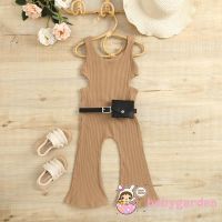 BABYGARDEN-1-6years Baby Girls Summer Sleeveless Ribbed Rompers Solid Color Knitted Ribbed Waist Cutout Jumpsuits with Waist Bag