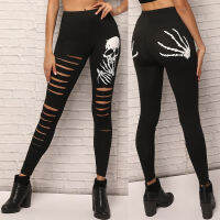 【cw】 Meilaoshi Skull Print Leggings High Waist Black Ripped Stretch Tight Casual Pants for Women ！