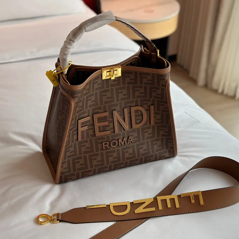Gift Box Packaging 】 Original Fendi Peekaboo2023 Women's Handbag Classic  Printed Tote Premium Cowhide Shoulder Bag31*27CM
