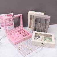 Velvet Pink Carrying Case with Glass Cover Jewelry Ring Display Box Tray Holder Storage Box Organizer Earrings Ring Bracelet