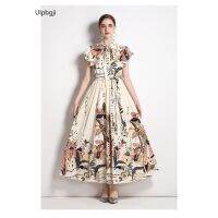 Summer New Neckline Lace-up Design Sleeveless Long Personalized Retro Printing a-Word Dress