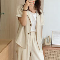 Two-buttons Simple Suit Women Tops Solid Cotton Linen Small Top Air-conditioning Jacket Short-sleeved Jacket Korean Fashion