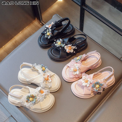 BAOLONGXIN รองเท้าแตะเด็กผู้หญิงสไตล์เกาหลี,รองเท้าเจ้าหญิงดอกไม้สไตล์ต่างประเทศรองเท้าชายหาดเปิดได้สำหรับเด็กเล็ก