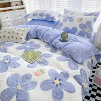 Nordic Blue Flowers Freshness Checkerboard Duvet Cover Sets with Pillow Case Bed Sheet Kids Girls Bedding Sets Queen Twin