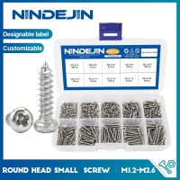 NINDEJIN 370/400/500ชิ้นหัวกระทะกลมสกรูขนาดเล็กสแตนเลสข้ามฝัง M1.2-M2.6ตนเองแตะอิเล็กทรอนิกส์มินิสกรู