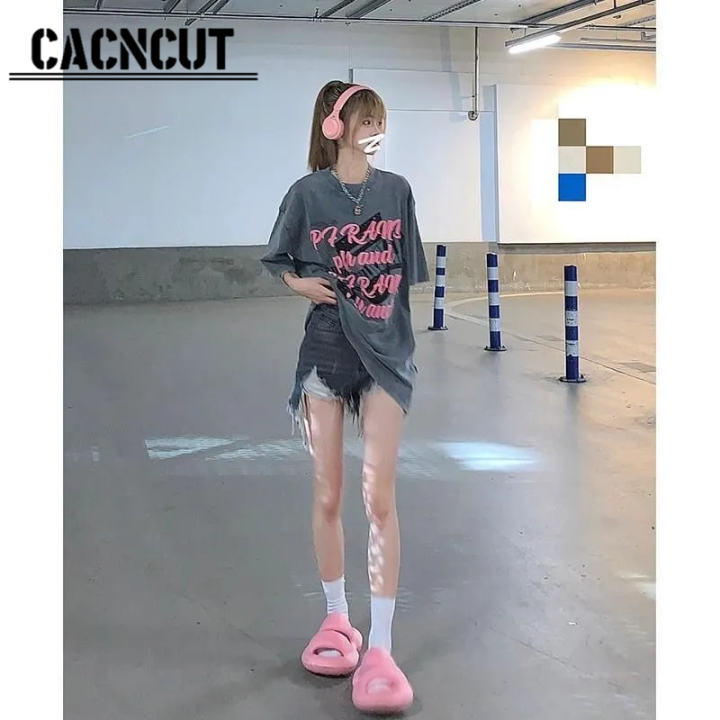 cacncut-เสื้อยืดแขนสั้นสำหรับผู้หญิง-เสื้อทรงหลวมสไตล์ยุโรปและอเมริกาสำหรับสตรีททรงหลวมอเมริกาแบบย้อนยุค