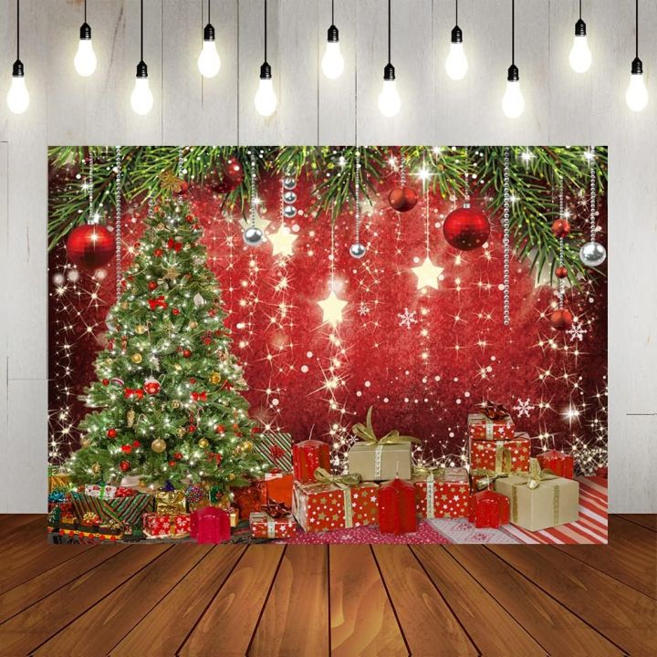 Red Christmas Photography Backdrop Merry Xmas Trees Glitter Stars Gifts ...