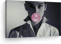 Audrey Hepburn Bubble Gum หมากฝรั่งผ้าใบสีดำสีขาวเสื้อเชิ้ตพิมพ์ลายตกแต่งผนังบ้านศิลปะแกลเลอรีศิลปะผ้าใบยืดได้พร้อมแขวน8x12