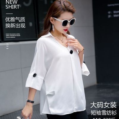 【PLUS SIZE】Women Loose Solid Half Sleeve V-Neck Chiffon Shirt Blouse L-5XL