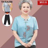 The old summer wear short-sleeved shirt into cardigan jacket female mother 60 70 grandma embroidered costume shirt 80