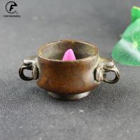 Antique Copper Tripod Incense Burner with Ears Elephant Cover Brass Caldron Censer Chinese Pattern Incense Holder Home Decor