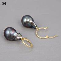 GuaiGuai Jewelry 18MM Natural Black Keshi Baroque Freshwater Pearl Earrings Gold Color Plated hook For Women