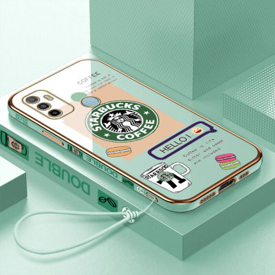 เคสเคสมือถือสำหรับ OPPO A53 2020พร้อมฟรีสายคล้อง + โลโก้ Starbucks แฟชั่นฝาหลังนิ่มชุบเคลือบขอบสี่เหลี่ยม
