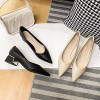 ✉₪◙ Genuine leather high-heeled shoes for women 2023 new medium thick heel pointed toe shallow mouth versatile temperament black all-season shoes work shoes