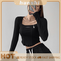 hanshi [2023 new HOT FASHION] lazlook เสื้อยืดแขนยาวคอสี่เหลี่ยมสำหรับผู้หญิงเสื้อครอปเข้ารูปชายเสื้อแหวกแนว