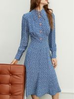 ✤☸▬ Women Blue Floral Midi Dress Rhinestone Buttons Turn down Collar Long Sleeve Silk 2022 Autumn Ladies High Waist Robe