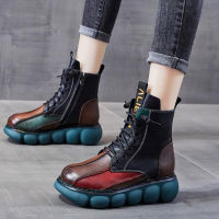 Motorcycle Womens Boots Autumn Winter Soft Leather Retro Shoes Black Botas Wedges Female Lace Up Platforms Women Botas Mujer