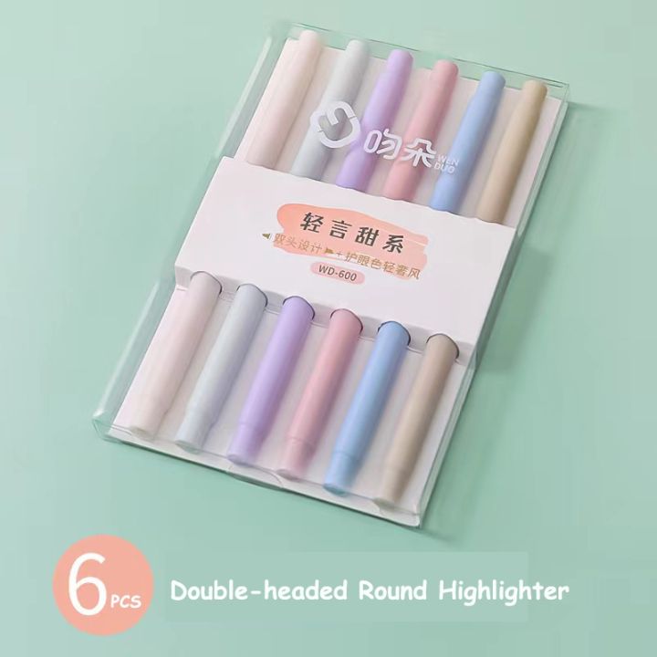 cw-6-pcs-set-headed-highlighter-pens-kawaii-student-fluorescent-markers-textbook-highlighters-school-stationery-supplies