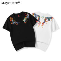 MAYCHEER เสื้อยืดแขนสั้นผู้ชาย,ผ้าฝ้ายปักลายมังกรชุดสไตล์ Sleeve ครึ่งตัว