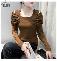 YIMEI เสื้อโชว์ไหล่ผ้าไหมสำหรับผู้หญิง,เสื้อโชว์ไหล่แขนยาวปักลูกปัดเสื้อฉบับภาษาเกาหลีคุณภาพสูงสีกากีผ้าฝ้ายรองรับน้ำหนักได้