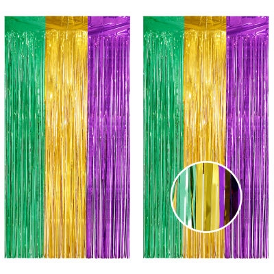 Jollyboom ฟอยล์สีเขียวสีทองผ้าม่านมีพู่ฉากหลัง,มาดิกราส์ของตกแต่งงานปาร์ตี้สีม่วงสีเขียวพู่ทองผ้าม่านมีพู่ S สำหรับมาดิกราส์งานแต่งงานอาบน้ำเด็กวันเกิดงานรื่นเริงของตกแต่งงานปาร์ตี้อุปกรณ์ประดับตกแต่ง