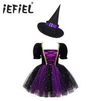 ZZOOI Kids Girls Witch Costume Halloween Cosplay Dress Glittery Mesh Tutu Dress with Pointed Hat for Carnival Party Dress Up Clothes