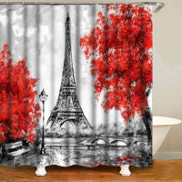 Stylish Pink Paris Tower Oil Painting Shower Curtain and Bath Rug Set 3D France City Landscape Bathroom Curtains Mats for Toilet