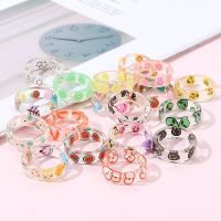 Fashion Colorful Acrylic Resin Fruit Ring Cute Summer Geometric Smiley Finger Rings for Women Girls Party Jewelry Gift