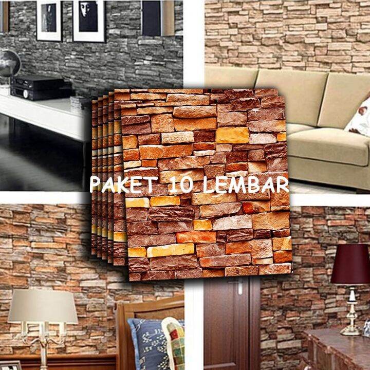 Paket 10 Lembar Wallpaper Dinding 3D Embossed,Foam Timbul Motif Batu