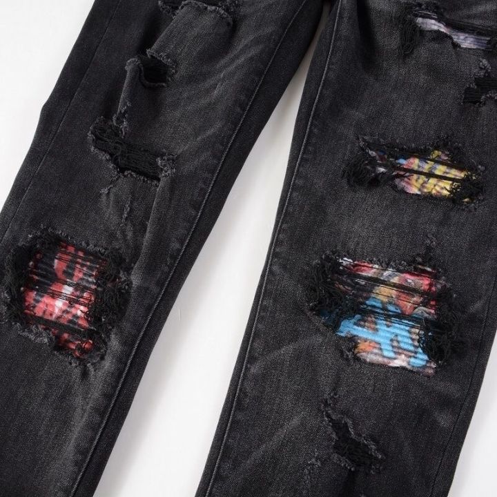 sp-กางเกงยีนส์แบบปะสีดำ-s-2023หลุมแบบบางฮิปฮอปฉีกกางเกงขายาวกางเกงยีนส์แบรนด์สี