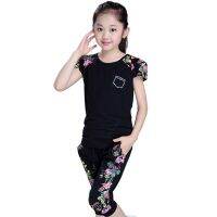 Summer Girls Clothing Sets Children Sports Suit Cotton Print Short Sleeve T-Shirt+Pants 2Pcs Girl Clothes 4 6 8 10 12 14 Years