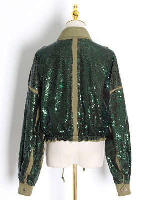 GALCAUR Green Patchwork Sequin Jackets For Women Stand Collar Long Sleeve Hit Color Short Coats Female 2022 Autumn Clothing