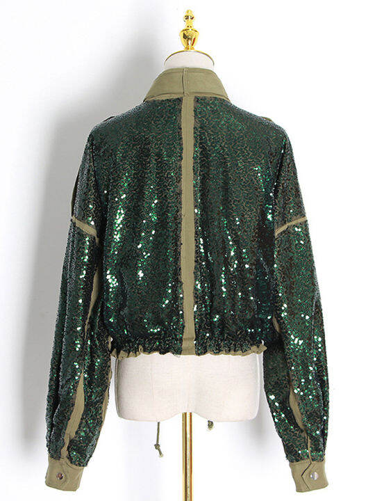 galcaur-green-patchwork-sequin-jackets-for-women-stand-collar-long-sleeve-hit-color-short-coats-female-2022-autumn-clothing