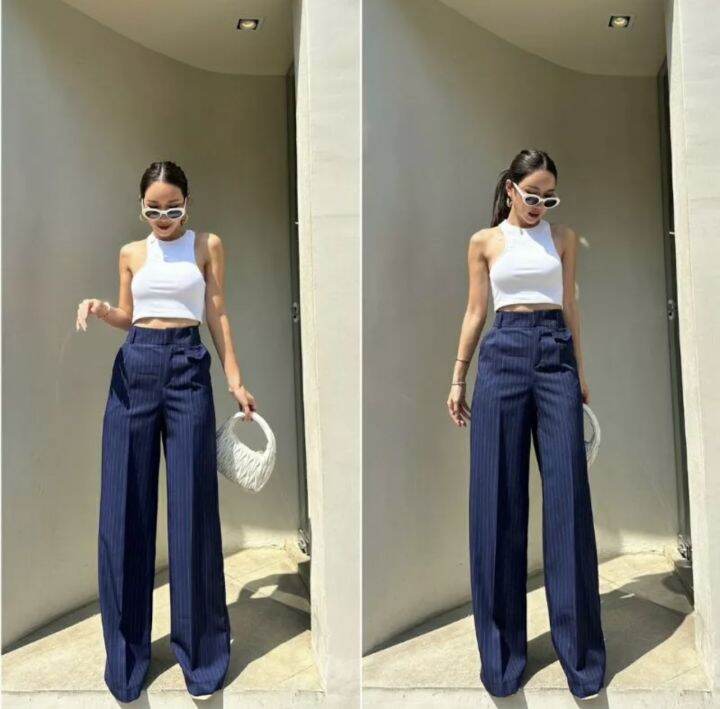 yolanda-stripe-high-waist-pantกรี๊ดดมาก-ดีไซส์ใหม่เข้า-ผ้าเดียวกัน-กางเกงเอวสูง-กางเกงขากระบอก-กางเกงแฟชั่น-กางเกงลายทาง