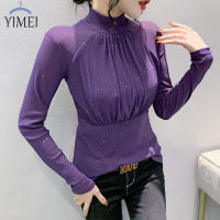 YIMEI 2022ฤดูใบไม้ร่วงใหม่ครึ่งคอสูงเลื่อมเสื้อยืดผู้หญิงแขนยาวสีดำ Bottoming เสื้อ Yang Qi Slim ตาข่าย Tops