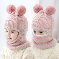 2021 New Autumn Winter Baby Toddler Hats Woolen Thick Hats Boys Girls Warm One Piece Caps Scarf Bear Hat Cute Two Balls 2-5 Year