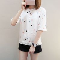 [พร้อมส่ง] mt-เสื้อยืดแฟชั่นผู้หญิง แขนสั้น ผ้า Cotton100% ลายจุด แต่งชายถัก สวยเก๋มาก