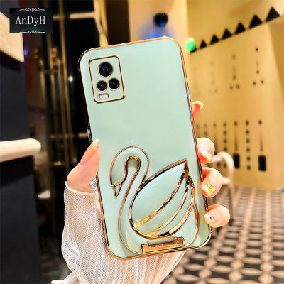 AnDyH Phone case For Vivo V20 Pro 5G Case New 3D Swan Retractable Stand Phone Case Plating Soft Silicone Shockproof Casing Protective Back Cover
