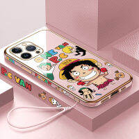 Volans เคสเคสสำหรับ Apple ไอโฟน15พลัส15โปร15โปรแมกซ์ฟรีสายคล้องลายการ์ตูนลูฟี่ขอบสี่เหลี่ยมตลกๆชุบเคสโทรศัพท์อนิเมะเคสโทรศัพท์นิ่ม