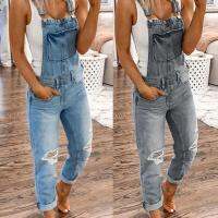 (ร้อน) ผู้หญิง Jumpsuit สีทึบ Slim Dungarees ผู้หญิงแขนกุดกระเป๋า Ripped Holes Suspender กางเกงฤดูร้อน Casual Overalls 2021