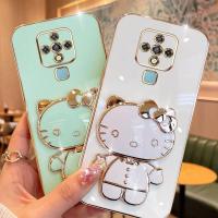 Folding Makeup Mirror Phone Case For Infinix Tecno Camon 16 Pro CE7 CE7j CE9h  Case Fashion Cartoon Cute Cat Multifunctional Bracket Plating TPU Soft Cover Casing