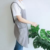 Waterproof Women Cotton Linen Cross Back Apron Japanese Housework Kitchen Cooking Double Pocket Apron Florist Working Apron