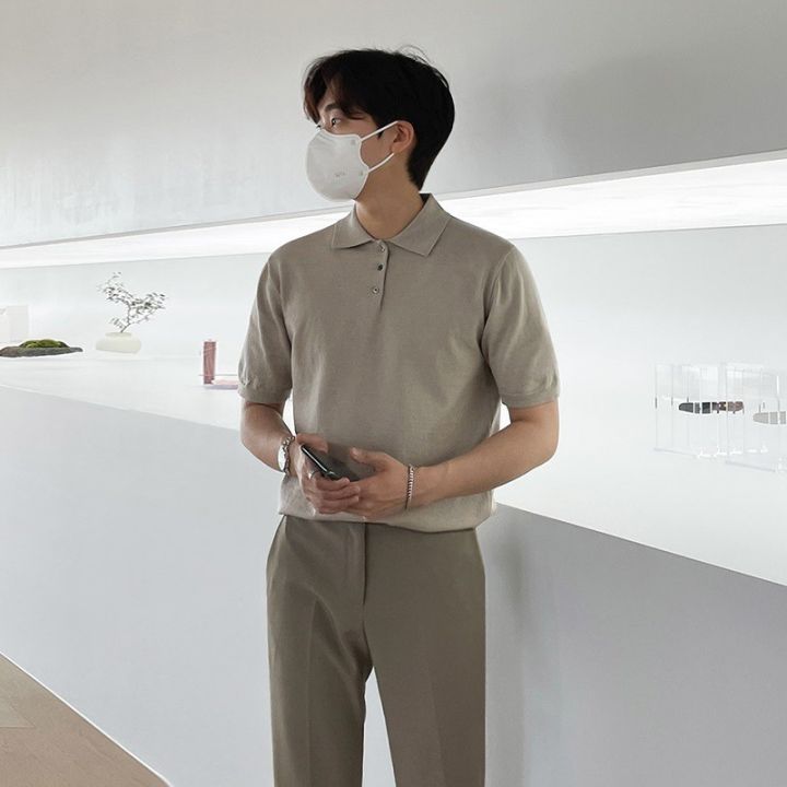 เสื้อโปโลถักแบบลำลองสำหรับผู้ชาย-สีทึบลำลองติดกระดุมเสื้อแขนสั้นระบายอากาศได้หรูหรา-m-3xl-เบา