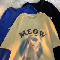 แมวตลกพิมพ์น่ารักกราฟิก Tshirt ผู้หญิง Retro Retro Y2K สุภาพสตรีสีฟ้า Meow Meme Tee เสื้อ T Vintage ขนาดใหญ่ด้านบนฤดูร้อน