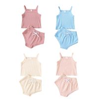 Baby Girls Clothes Set 2PCS Summer Outfits Suit Sling Plain Color Ribbed Camisole Tops+High Waist Bowknot Shorts Infant Clothing  by Hs2023