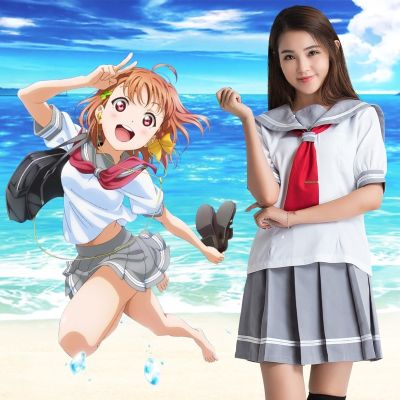 №☄ 3pc/1set Japanese Anime Love Live Sunshine Cosplay Costume Takami Chika Girls Sailor Uniforms Love Live Aqours School Uniforms