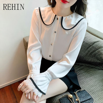 REHIN เสื้อผู้หญิงสีขาวใหม่แฟชั่นสไตล์เกาหลี,เสื้อคอตุ๊กตาสีขาวทรงหลวมเสื้อแขนยาวผ้าชีฟองซอกดีไซน์หรูหราฤดูใบไม้ผลิ