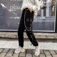 Women Cargo Buckle Ribbon Pocket Jogger Elastic Waist High Streetwear Harajuku Pant Punk Ring Chain Plus Size