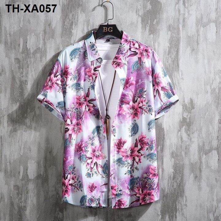 mens-hawaiian-hainan-travel-flower-plus-size-beach-half-sleeve-thin-section-breathable-top